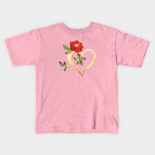 Red Rose Flower with Gold Heart Kids T-Shirt